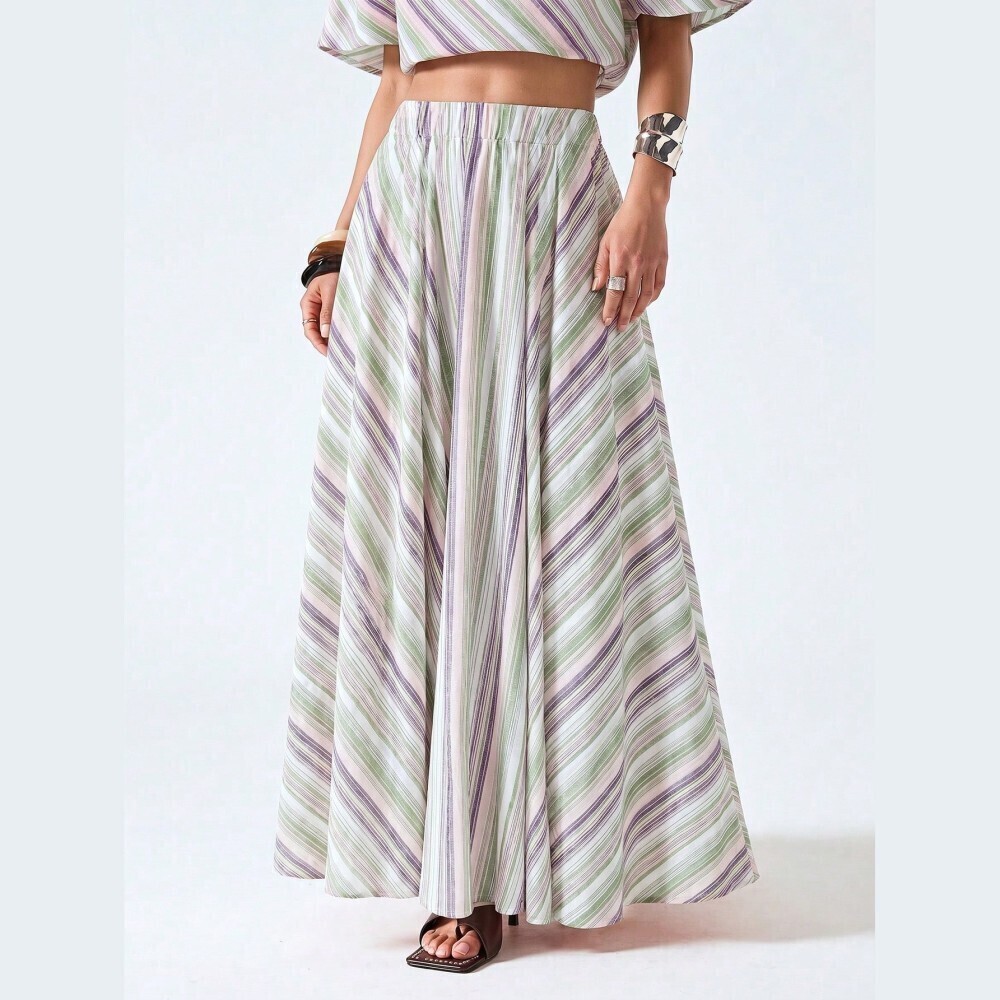 White Lilac Green Multicolor Striped Woven A-Line Maxi Skirt